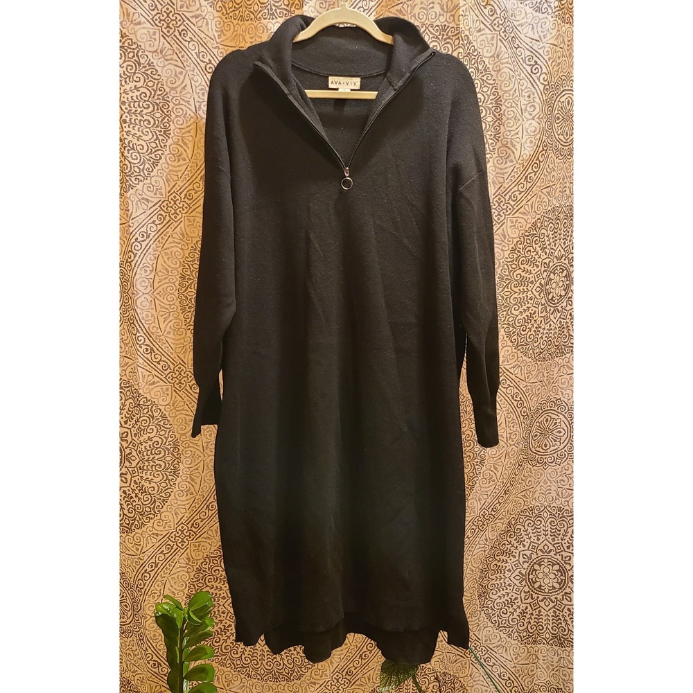Ava & Viv Sweater Dress Womens 1X Black Excellent Quarter Zip Midi Long Sleeve